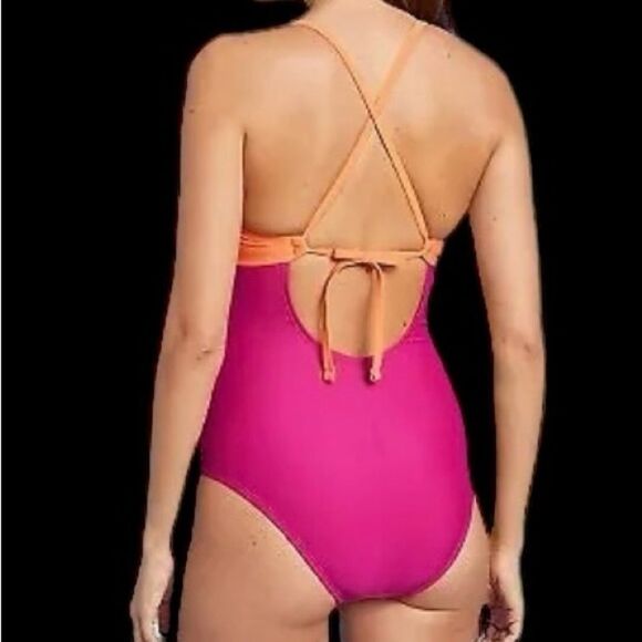 Women’s / juniors hot pink & sherbert cutout colorblock one piece swimsuit NWT L - Picture 2 of 4